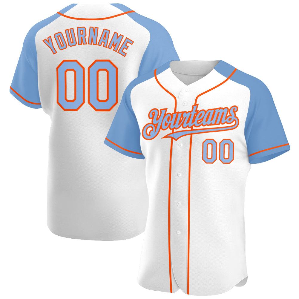 Custom Name and Number Personalized Baseball Jersey - Authentic White Light Blue-Orange Raglan Sleeves Personalized White