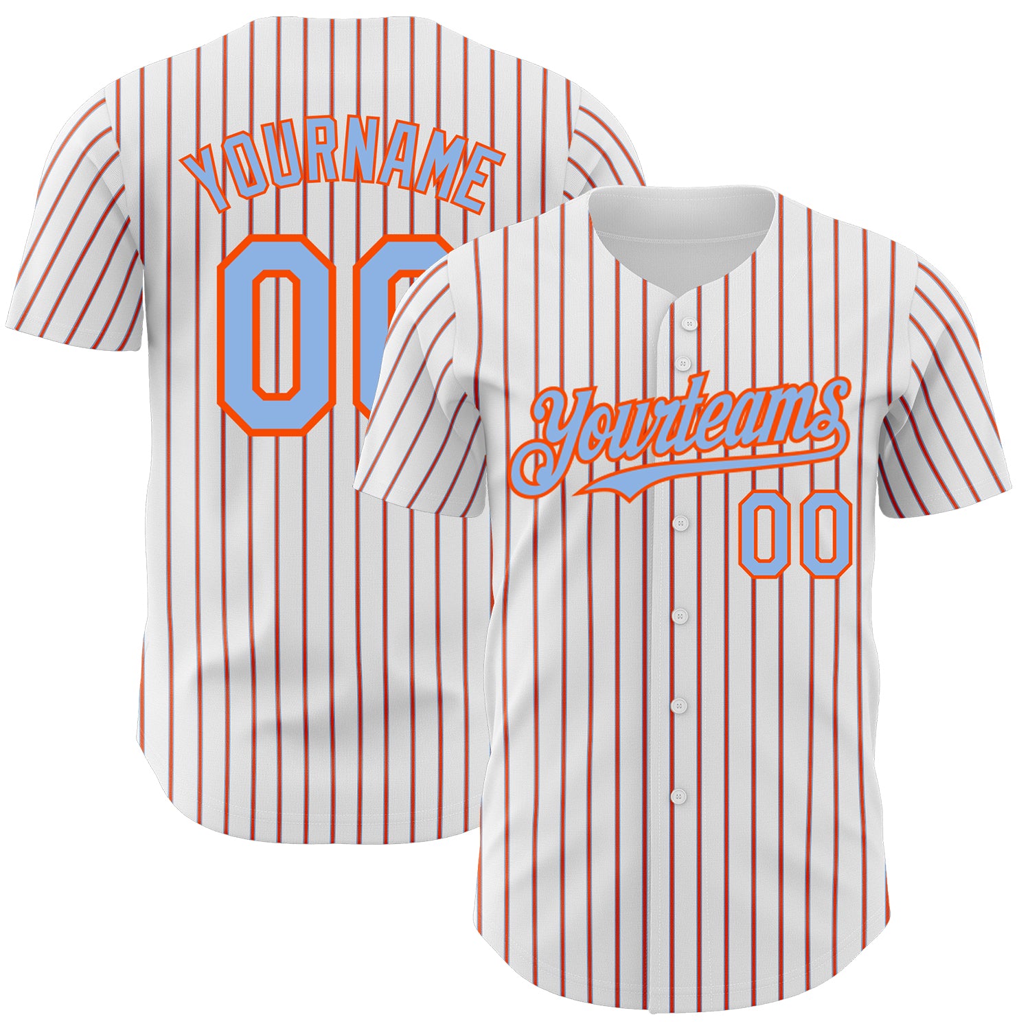 Custom Light Blue Orange Pinstripe Baseball Jersey - Personalized Name & Number - Authentic Team Apparel Personalized White