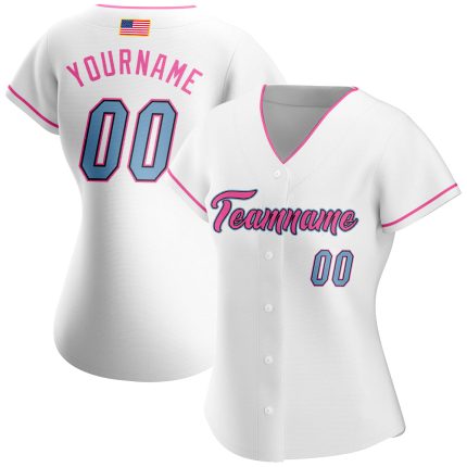 Custom American Flag Softball Jersey with Personalized Name & Number - White Light Blue-Pink Design Personalized White Light