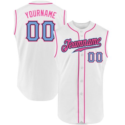 Customizable Authentic White Light Blue-Pink Baseball Jersey with Team Name and Number - Sleeveless Design Personalized White