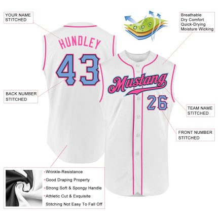Customizable Authentic White Light Blue-Pink Baseball Jersey with Team Name and Number - Sleeveless Design Personalized White
