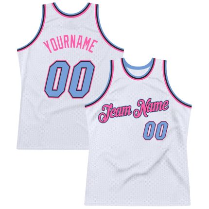 Customizable Authentic Basketball Jersey - Personalized Name & Number - White Light Blue-Pink Throwback Design Personalized