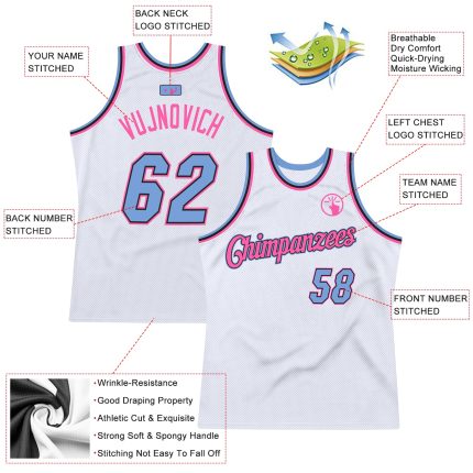 Customizable Authentic Basketball Jersey - Personalized Name & Number - White Light Blue-Pink Throwback Design Personalized