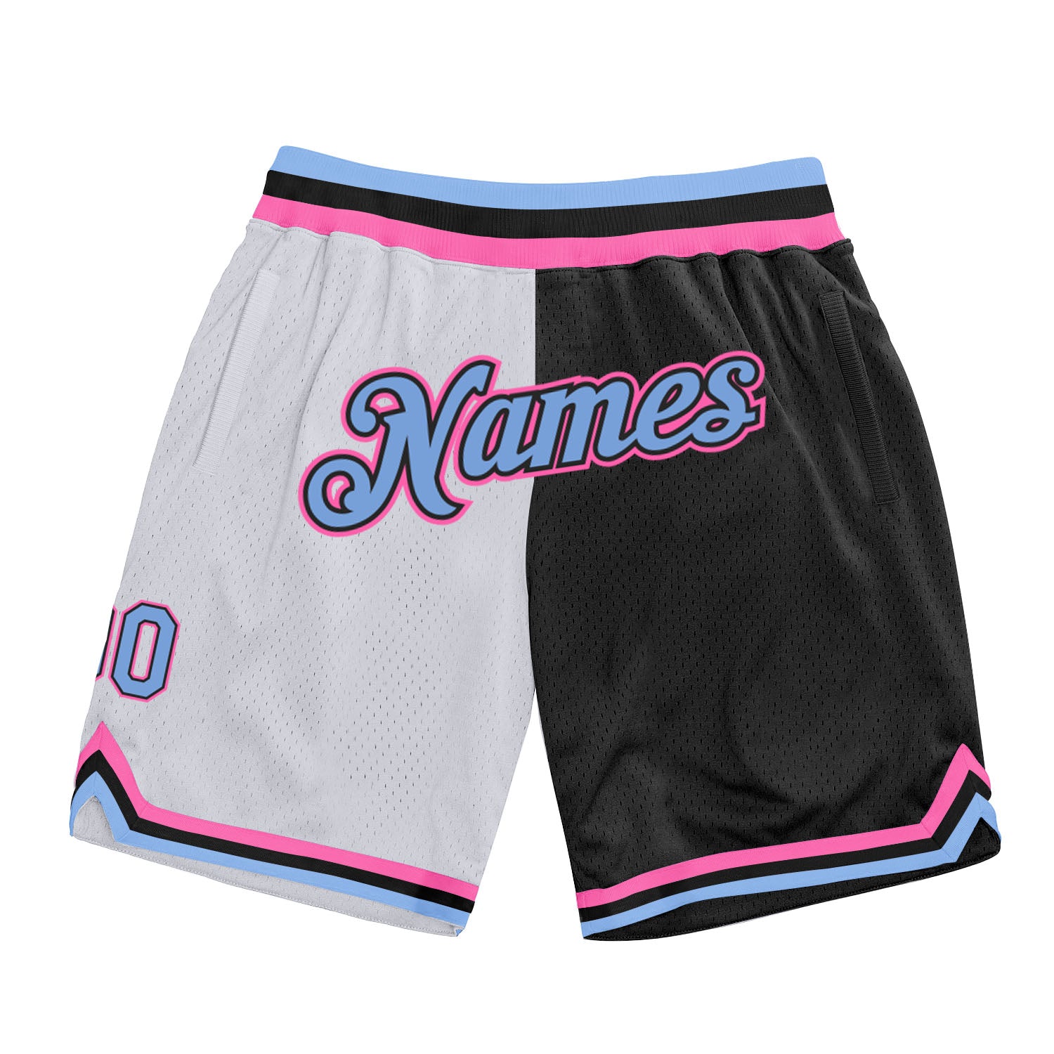 Custom Name Number Basketball Shorts - Authentic Split Fashion in White Light Blue-Pink - Personalized Team Gear Personalized