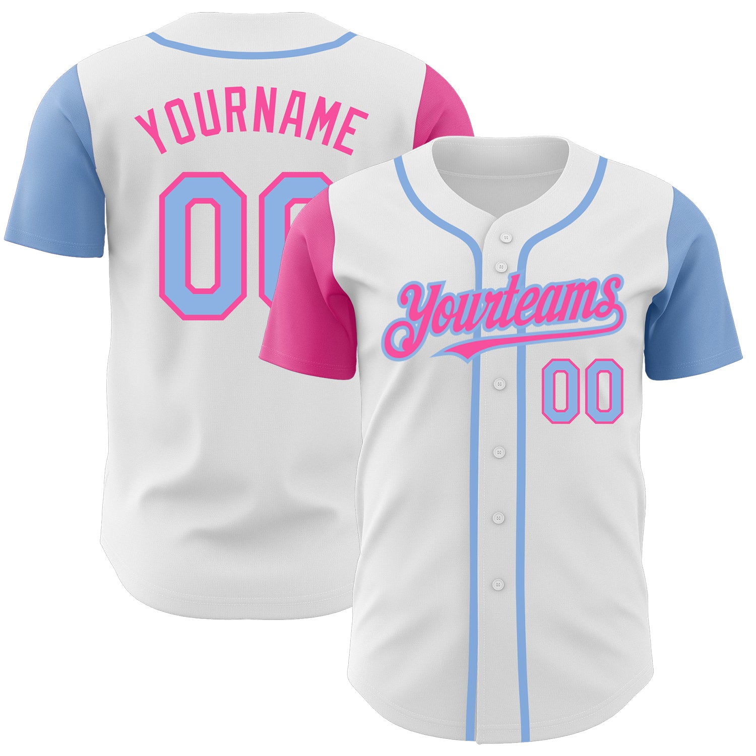 Custom Two Tone Baseball Jersey - Personalized White Light Blue-Pink with Team Name & Number Personalized White Light Blue-Pink