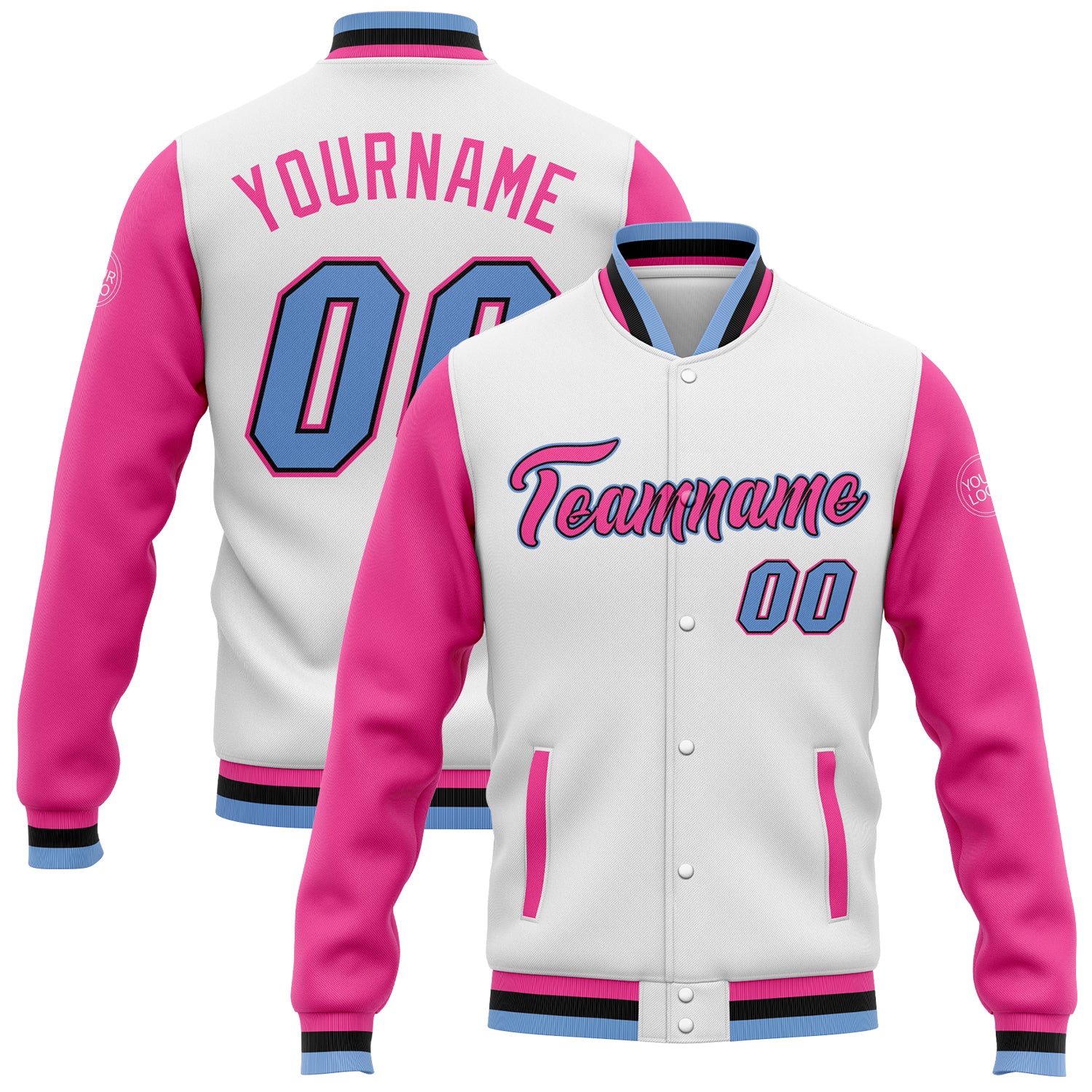Custom Varsity Letterman Jacket with Name and Number - Personalized Two Tone White Light Blue Pink Black Bomber Full-Snap