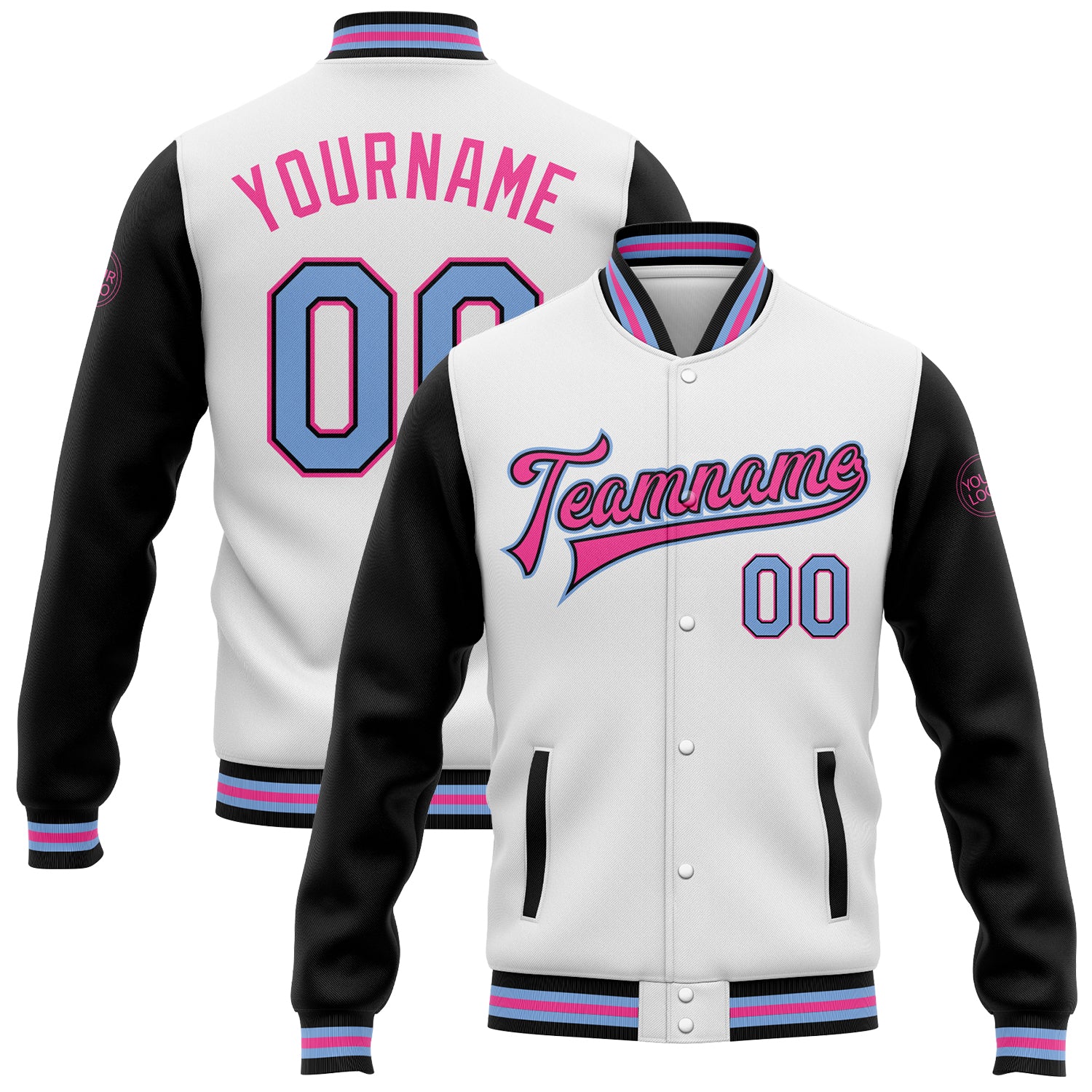 Custom Name and Number Two Tone Varsity Letterman Bomber Jacket - Personalized White Light Blue-Pink Full-Snap Design Personalized