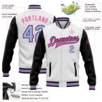 Custom Name and Number Two Tone Varsity Letterman Bomber Jacket - Personalized White Light Blue-Pink Full-Snap Design Personalized