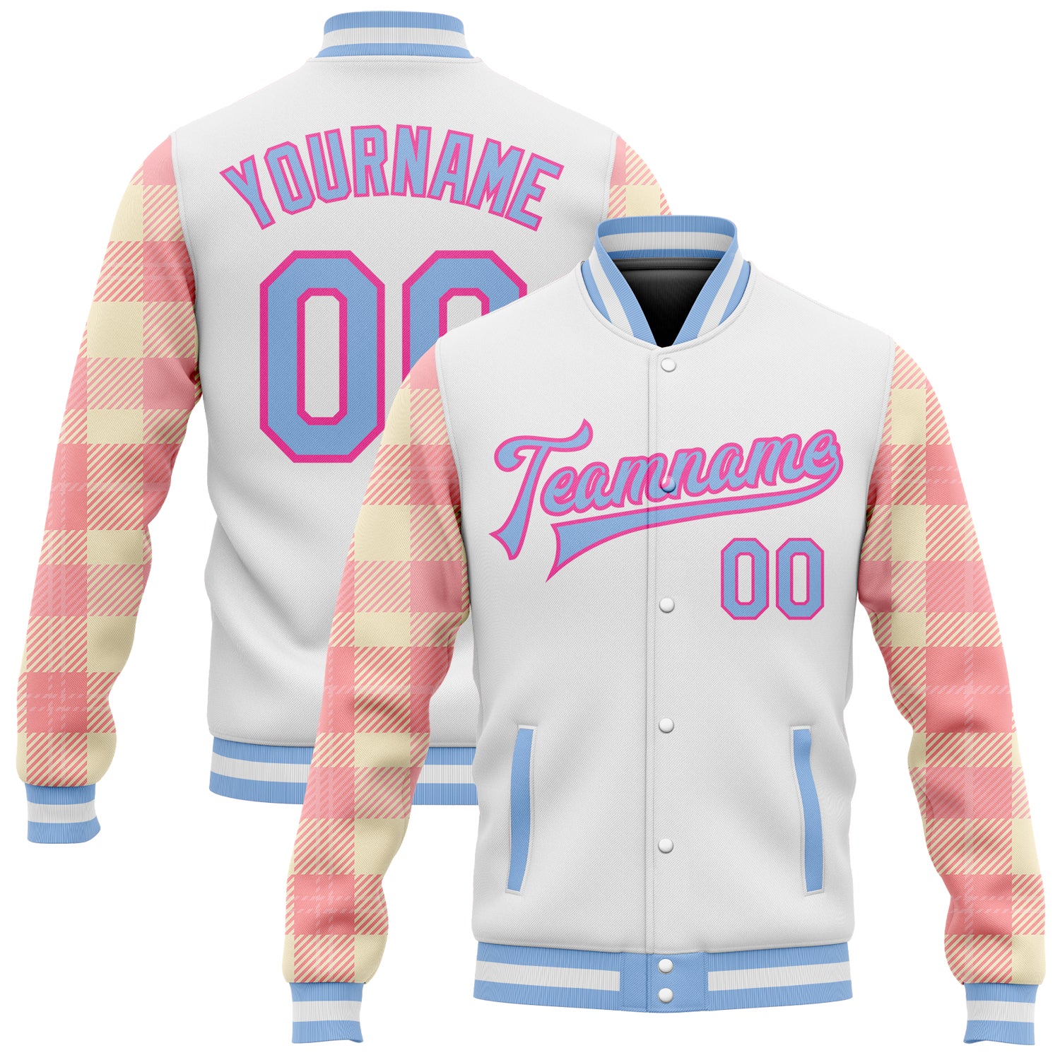 Custom Name Number Classic Western Plaid Bomber Jacket in Light Blue Pink Medium Pink 3D Pattern Full-Snap Varsity Style