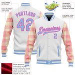 Custom Name Number Classic Western Plaid Bomber Jacket in Light Blue Pink Medium Pink 3D Pattern Full-Snap Varsity Style