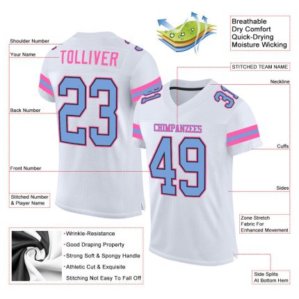 Customizable Football Jersey with Mesh Design - White Light Blue-Pink, Personalized Name and Number Personalized White Light