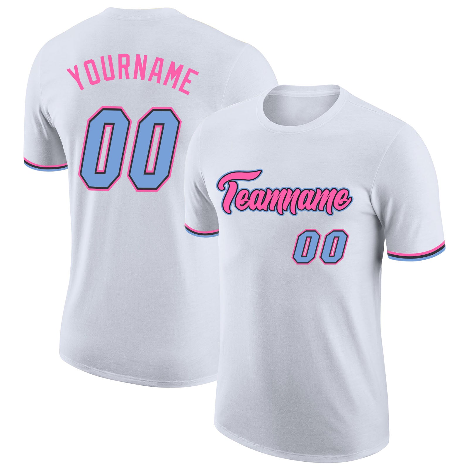 Custom Team Performance T-Shirt with Personalized Name and Number in White Light Blue-Pink Personalized White Light Blue-Pink