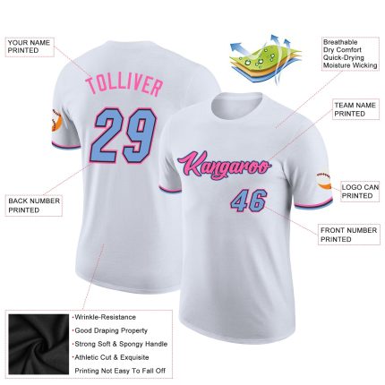 Custom Team Performance T-Shirt with Personalized Name and Number in White Light Blue-Pink Personalized White Light Blue-Pink