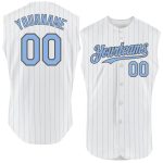 Custom Name and Number Personalized Gray White Light Blue Pinstripe Sleeveless Baseball Jersey for Team Personalized White