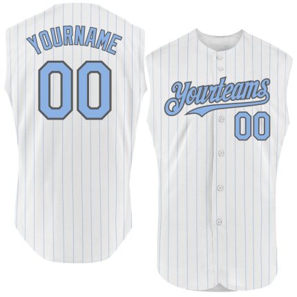 Custom Name and Number Personalized Gray White Light Blue Pinstripe Sleeveless Baseball Jersey for Team Personalized White