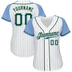 Custom Name and Number Personalized Baseball Jersey - White Light Blue Pinstripe Authentic Raglan Sleeves Personalized White