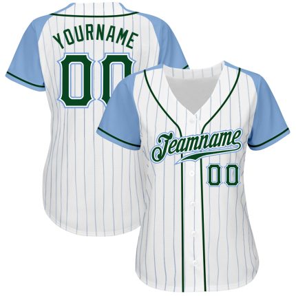 Custom Name and Number Personalized Baseball Jersey - White Light Blue Pinstripe Authentic Raglan Sleeves Personalized White