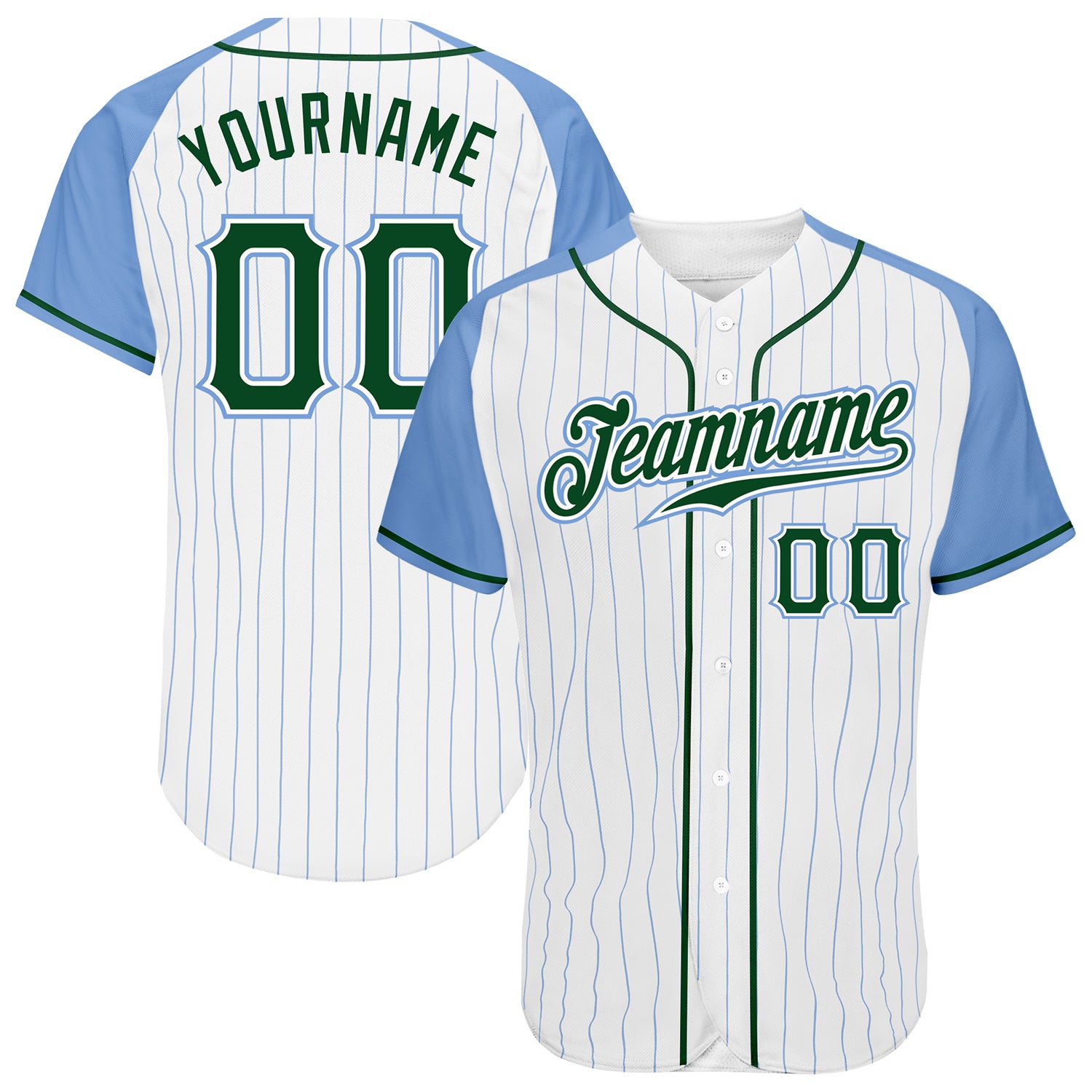 Custom Name and Number Personalized Baseball Jersey - White Light Blue Pinstripe Authentic Raglan Sleeves Personalized White