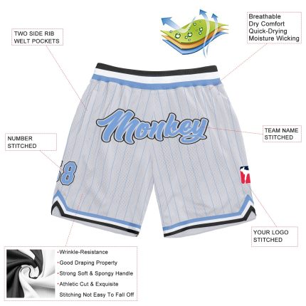 Custom Team Basketball Shorts Light Blue Black Personalized with Name and Number - Authentic Pinstripe Design Personalized