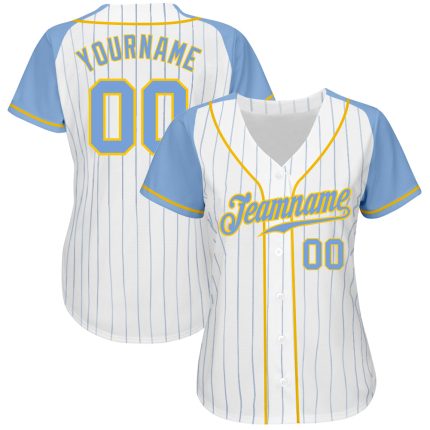 Personalized Light Blue Gold Pinstripe Baseball Jersey with Custom Name & Number - Authentic Raglan Sleeves Personalized
