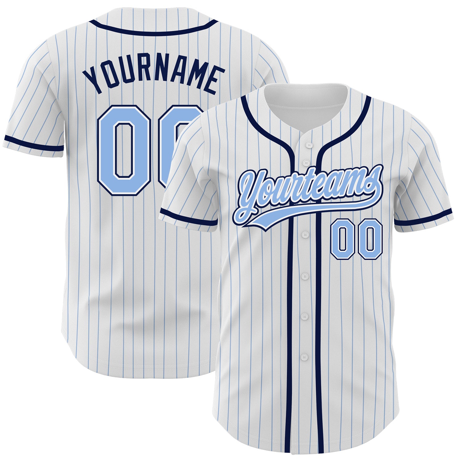 Personalized Light Blue Navy Pinstripe Baseball Jersey Authentic Design Personalized White Light Blue Pinstripe Light Blue-Navy
