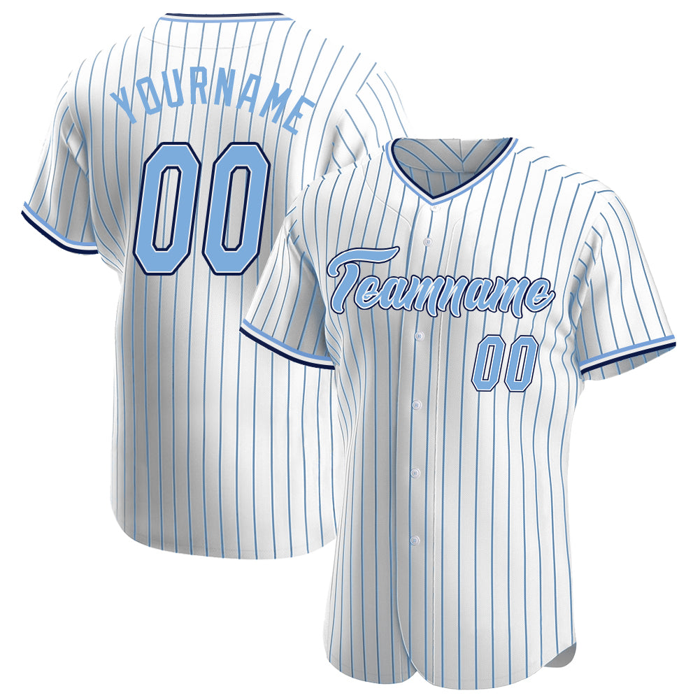 Custom Light Blue-Navy Baseball Jersey with Personalized Name and Number | Authentic White Pinstripe Design Personalized