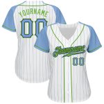 Custom Name Number Personalized Baseball Jersey Light Blue White Pinstripe Raglan Sleeves Neon Green Personalized White Light