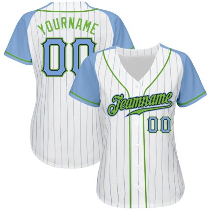 Custom Name Number Personalized Baseball Jersey Light Blue White Pinstripe Raglan Sleeves Neon Green Personalized White Light