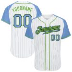 Custom Name Number Personalized Baseball Jersey Light Blue White Pinstripe Raglan Sleeves Neon Green Personalized White Light
