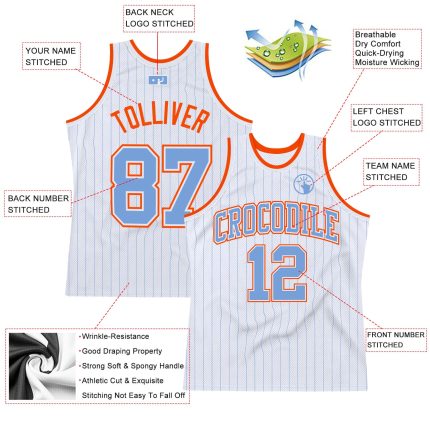 Custom Personalized Basketball Jersey - Light Blue Orange Pinstripe with Team Name and Number Personalized White Light Blue