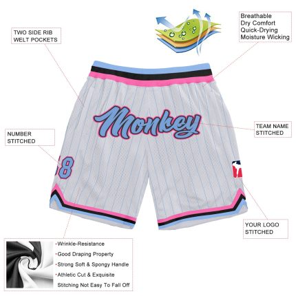 Custom Name and Number Personalized Basketball Shorts - Light Blue-Pink Pinstripe Style, Authentic Design, Team Gear Personalized