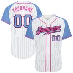 Custom Name Number Personalized Light Blue Pink Pinstripe Baseball Jersey Authentic Raglan Sleeves Personalized White Light