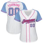 Custom Name Number Personalized Light Blue Pink Pinstripe Baseball Jersey Authentic Raglan Sleeves Personalized White Light
