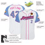 Custom Name Number Personalized Light Blue Pink Pinstripe Baseball Jersey Authentic Raglan Sleeves Personalized White Light