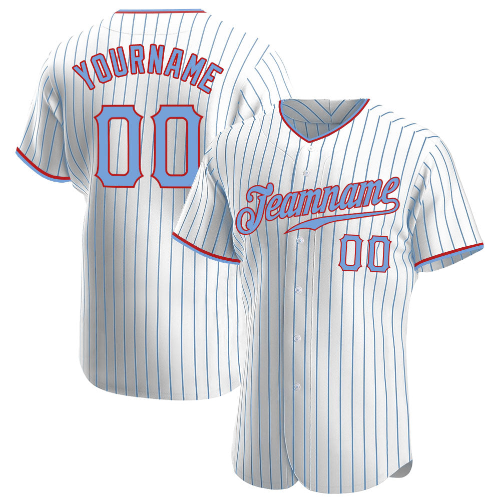 Custom Light Blue-Red Pinstripe Baseball Jersey with Personalized Name and Number - Authentic Team Apparel Personalized White