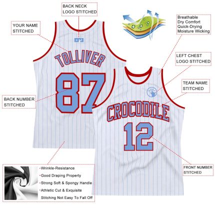 Custom Personalized Basketball Jersey with Light Blue Pinstripe Design - Authentic Team Name and Number Personalized White