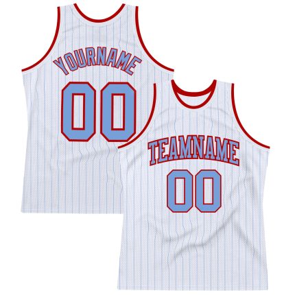 Custom Personalized Basketball Jersey with Light Blue Pinstripe Design - Authentic Team Name and Number Personalized White