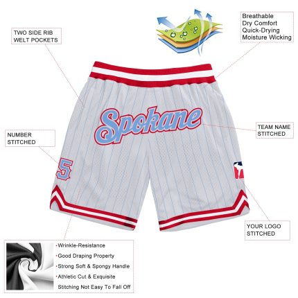 Custom Name Number Personalized Authentic Basketball Shorts Red Light Blue Pinstripe Personalized White Light Blue Pinstripe