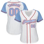 Custom Light Blue-Red Pinstripe Baseball Jersey with Personalized Name & Number - Authentic Raglan Sleeves Personalized White