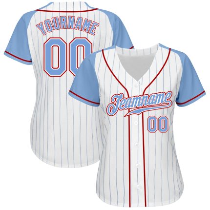 Custom Light Blue-Red Pinstripe Baseball Jersey with Personalized Name & Number - Authentic Raglan Sleeves Personalized White