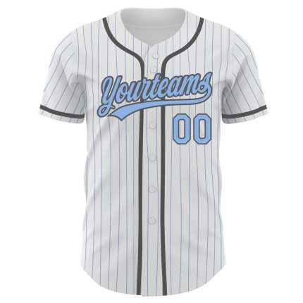 Custom Baseball Jersey - Personalized Light Blue Pinstripe with Team Name and Number in White and Steel Gray Personalized