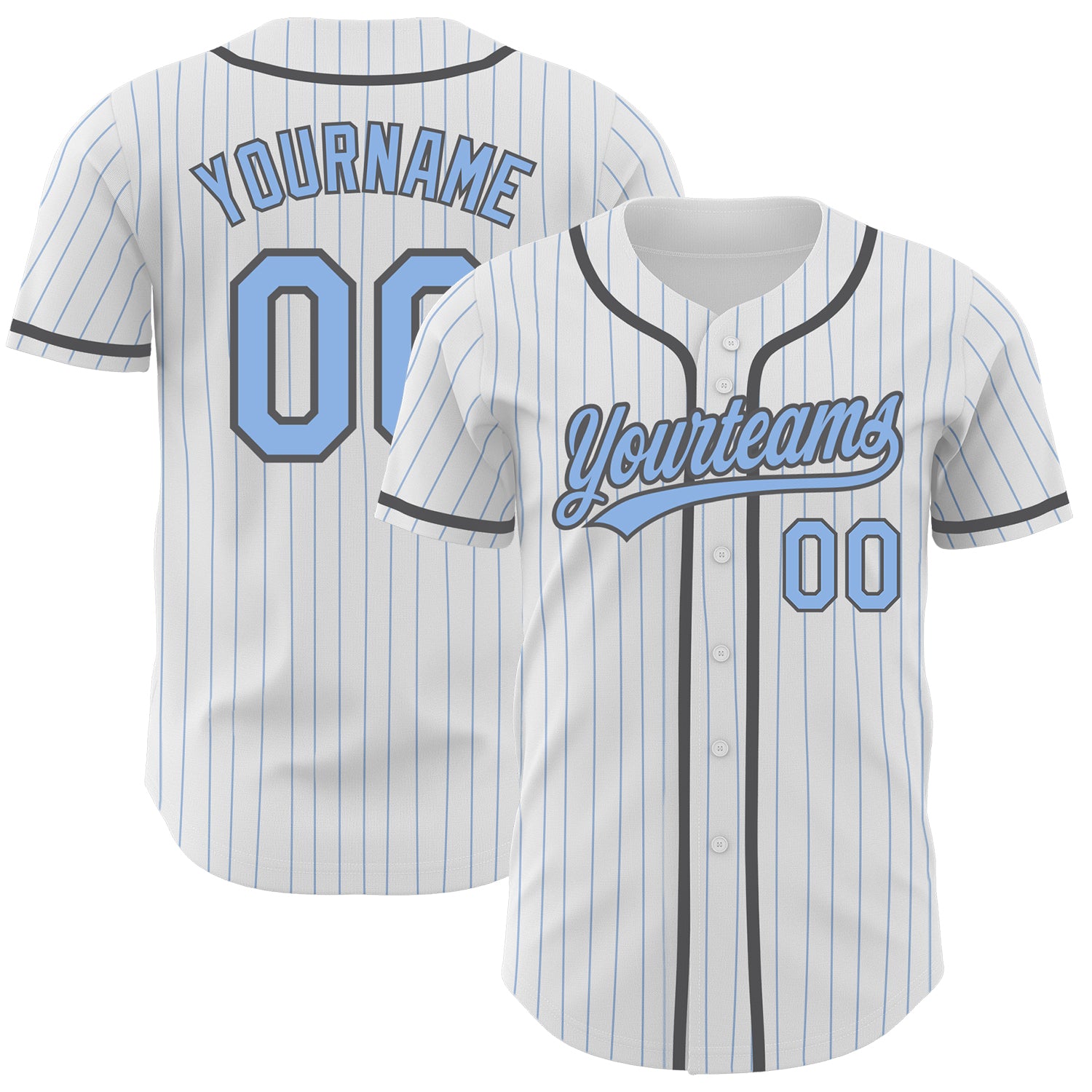 Custom Baseball Jersey - Personalized Light Blue Pinstripe with Team Name and Number in White and Steel Gray Personalized