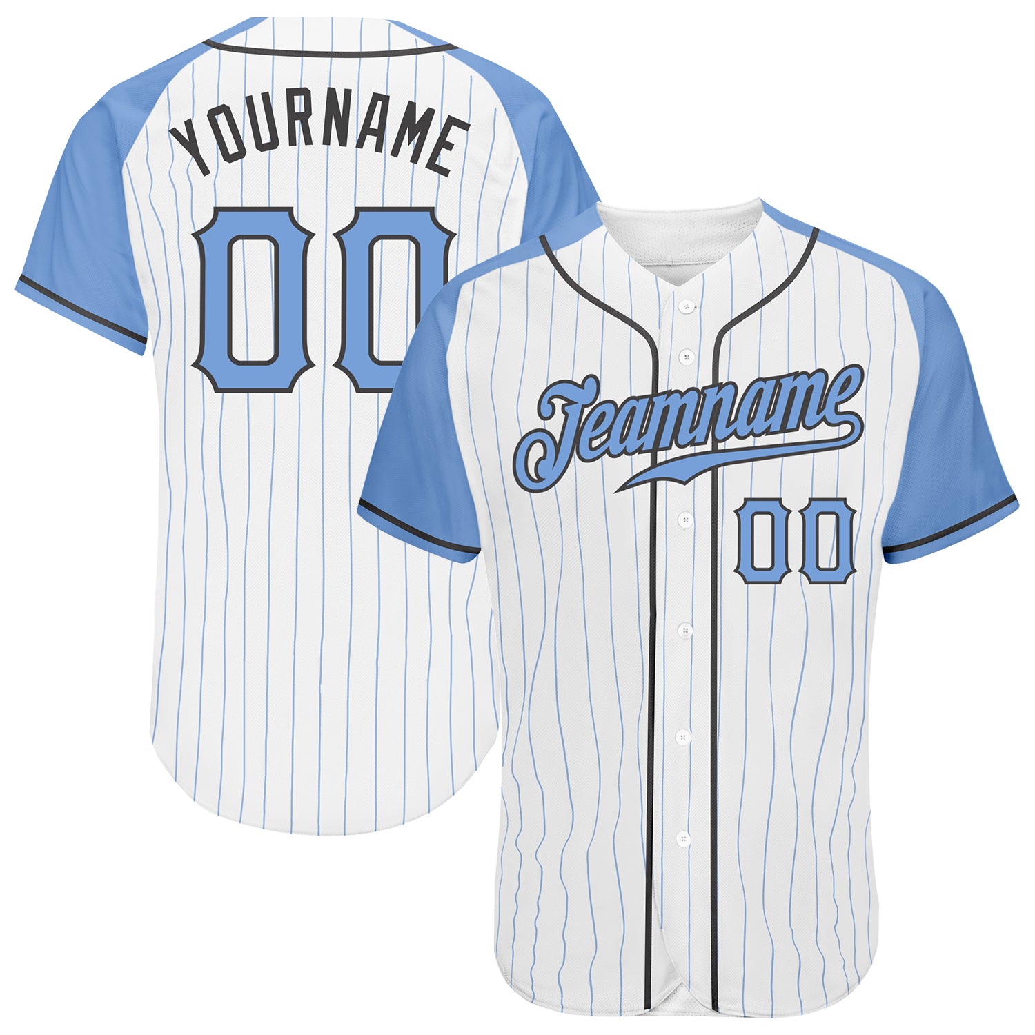 Custom Fathers Day Baseball Jersey - Personalized Light Blue & Gray Pinstripe Raglan with Your Name & Number Personalized
