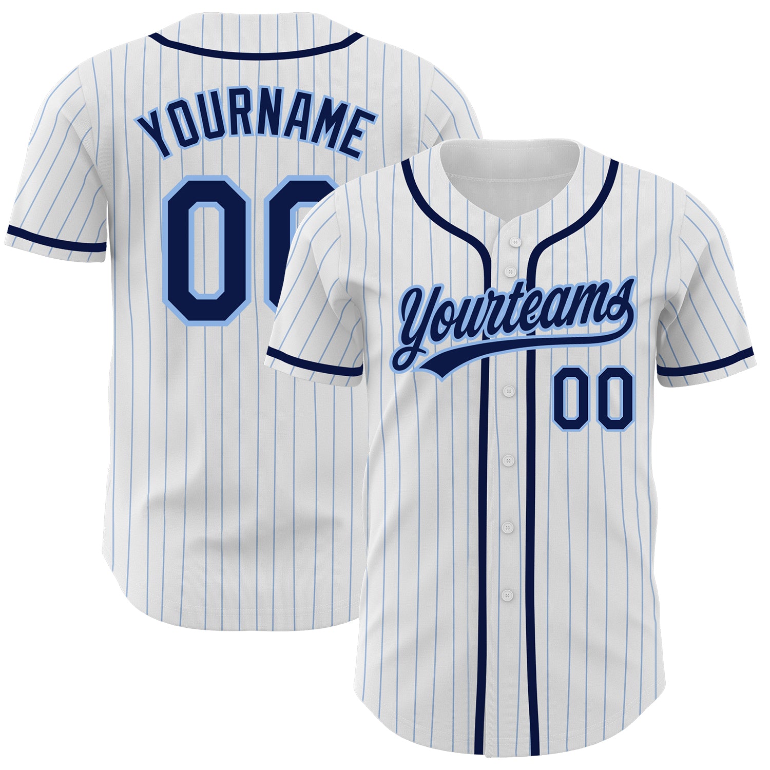 Custom Navy Baseball Jersey with Personalized Name & Number - White Light Blue Pinstripe Design Personalized White Light