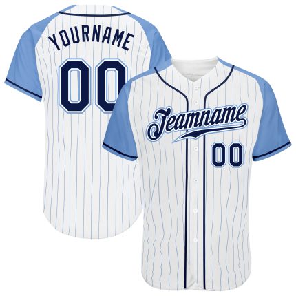 Custom Name and Number Personalized Navy Light Blue Pinstripe Baseball Jersey with Raglan Sleeves Personalized White Light