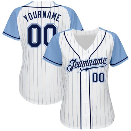 Custom Name and Number Personalized Navy Light Blue Pinstripe Baseball Jersey with Raglan Sleeves Personalized White Light