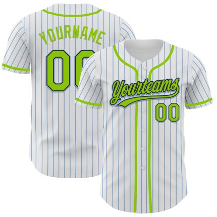 Customizable Baseball Jersey - White Light Blue Pinstripe Neon Green-Black - Personalize with Name & Number Personalized