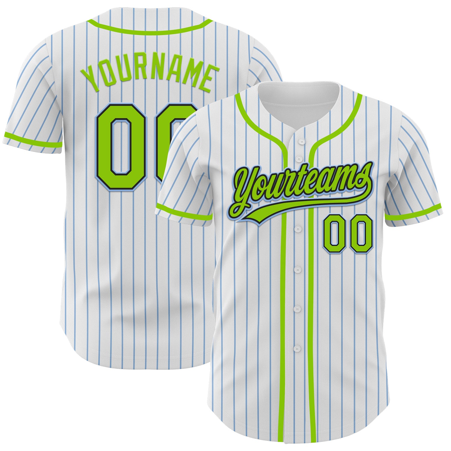 Customizable Baseball Jersey - White Light Blue Pinstripe Neon Green-Black - Personalize with Name & Number Personalized