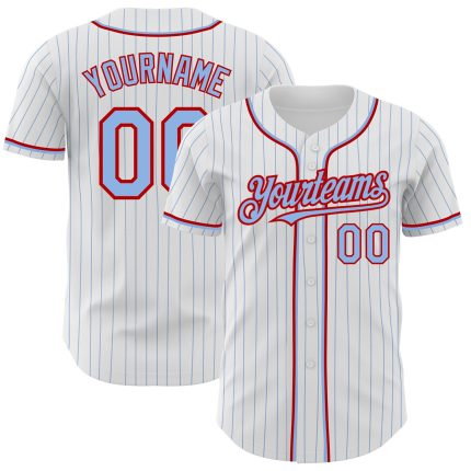 Custom Authentic Baseball Jersey - Personalized White Light Blue Pinstripe with Custom Name and Number Personalized White