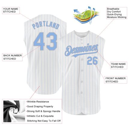 Custom Authentic Baseball Jersey - Personalized White Light Blue Pinstripe with Red Name and Number, Sleeveless Design Personalized